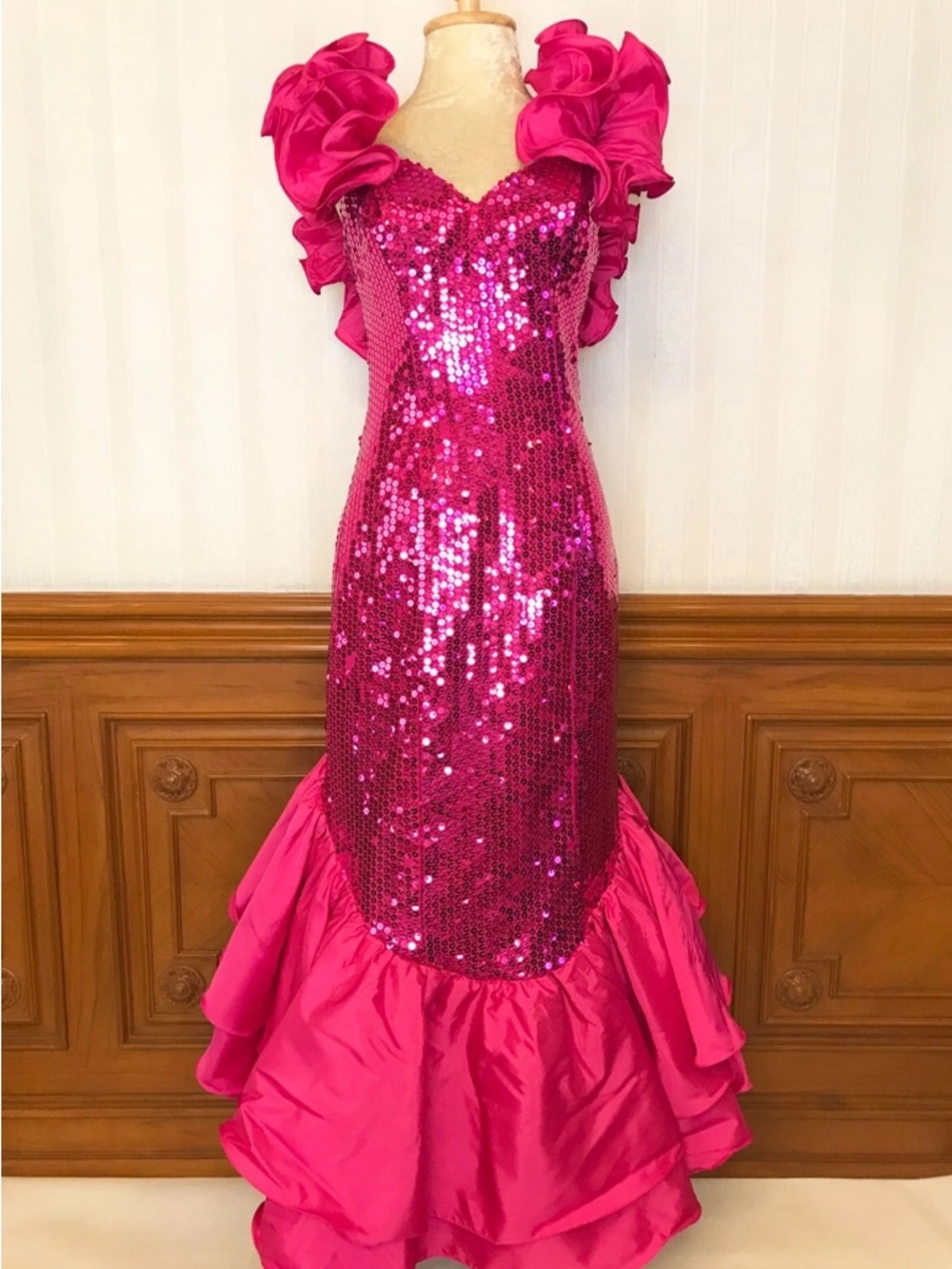 Vintage Fuchsia Sequin Ruffle-Shoulder Prom Dress